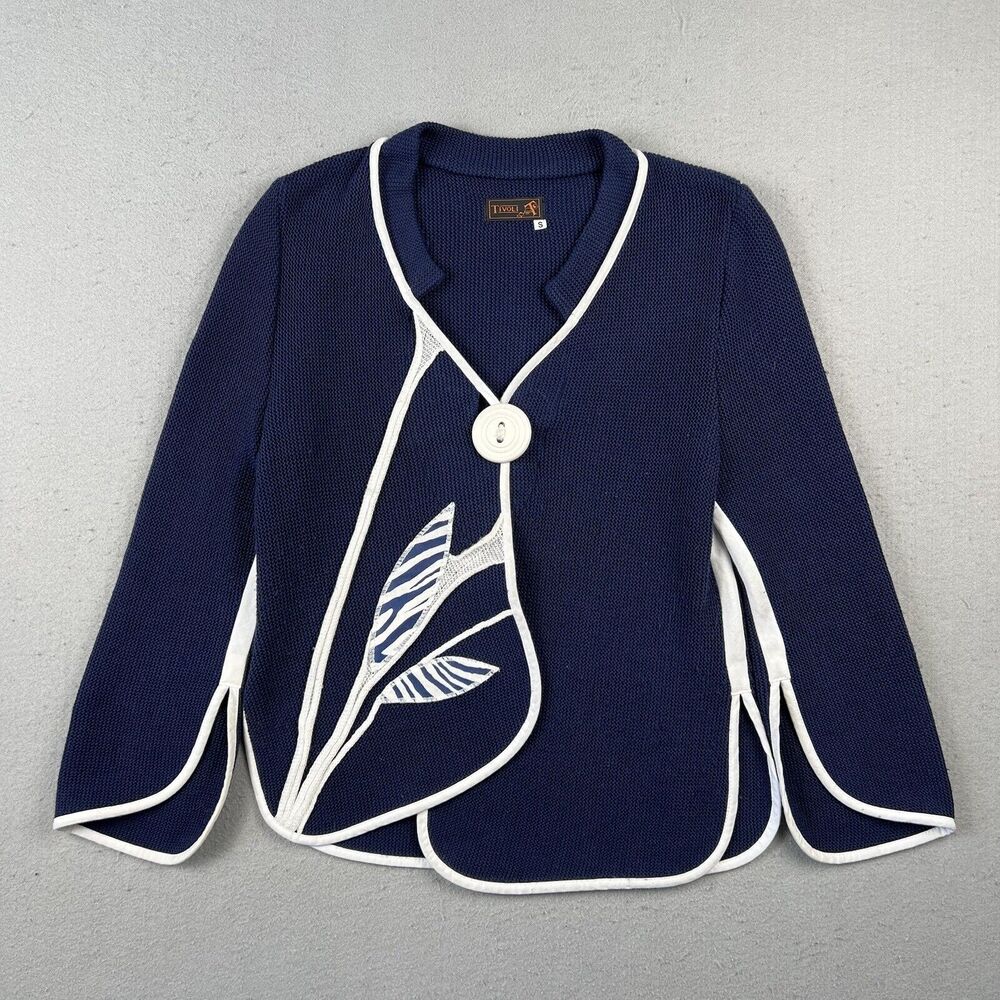 Tivoli Knit Jacket Women’s Small Blue‎ White Asymmetrical Floral Button V Neck